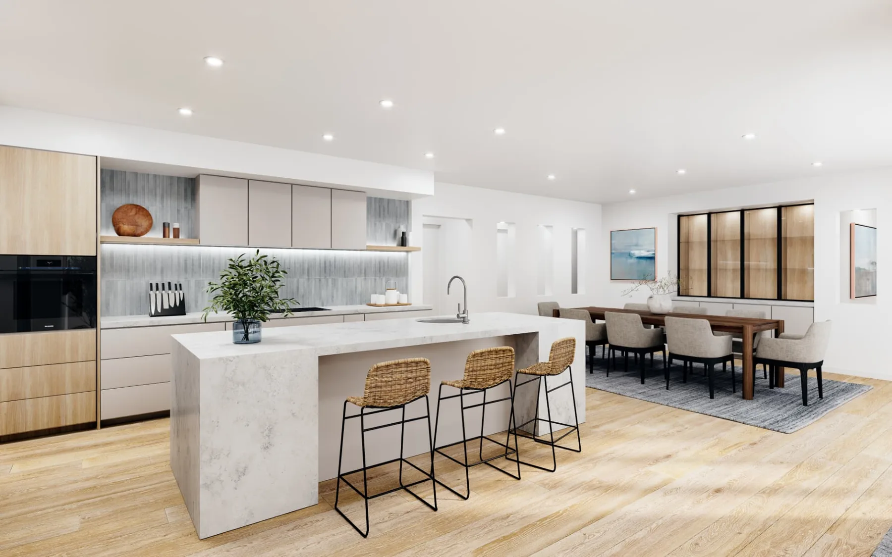 Render of the proposed open kitchen and dining area, with a stone island, a timber dining table with upholstered chairs and a lit glass display cabinet