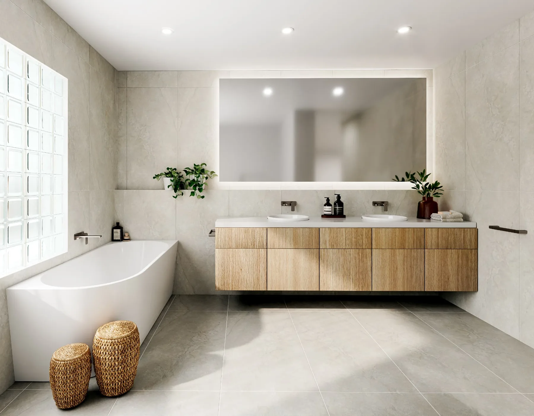Render of the proposed ensuite with a wall-hung timber-look double vanity, a backlit mirror, a white bath and large-format stone-look tiles