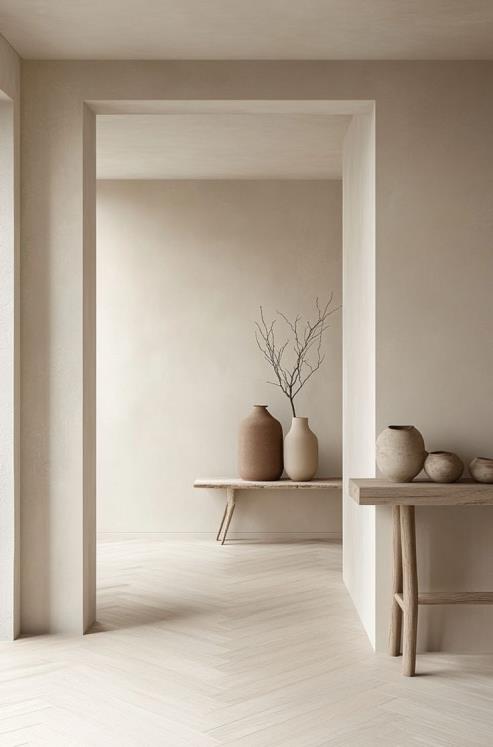 Calm neutral interior with plaster walls, pale herringbone timber floor and ceramic vessels